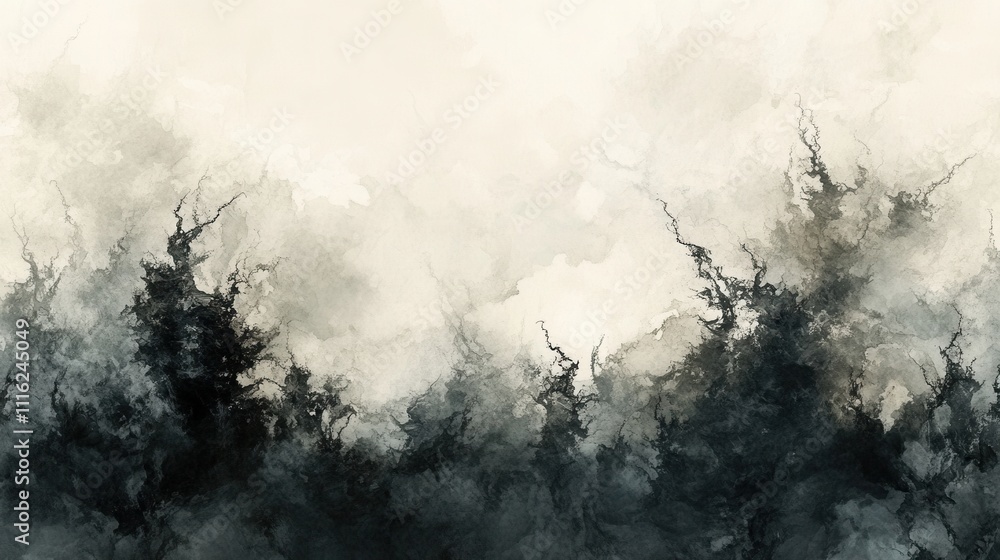 Ethereal Abstract Landscape with Dark Trees in Soft Watercolor Style Ethereal Abstract Landscape with Dark Trees in Soft Watercolor Style