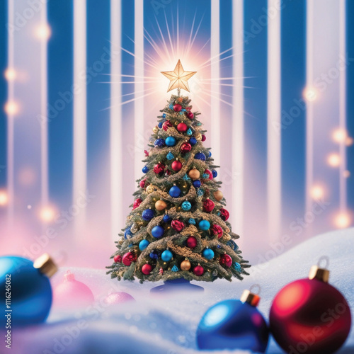 Christmas tree adorned with colorful ornaments and a star shining brightly in a snowy winter setting