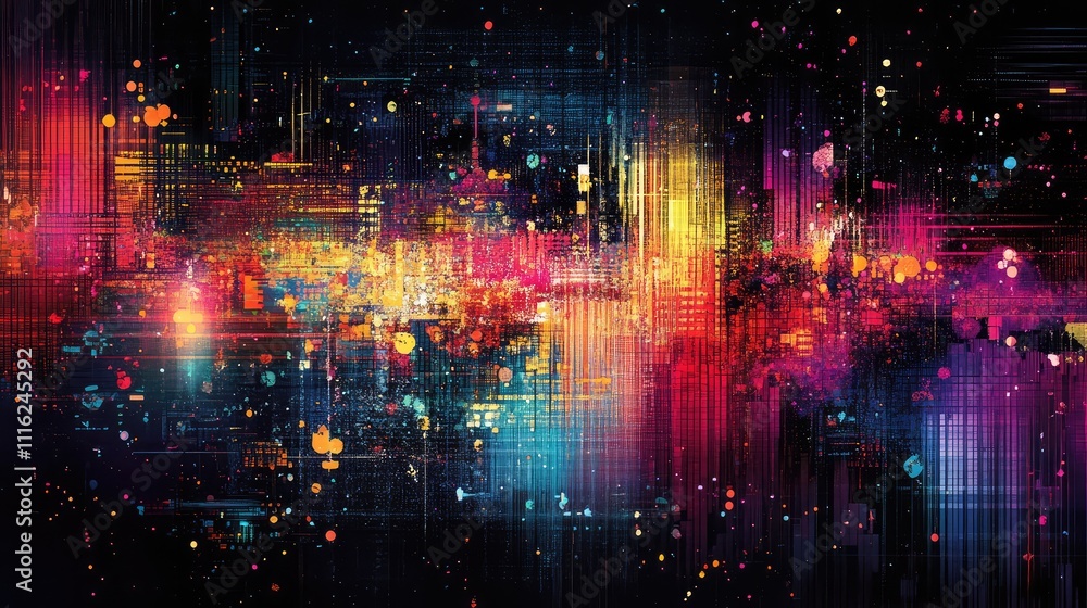 Fototapeta premium A glitch-inspired low-res abstract design with distorted, pixelated lines and splashes of neon color