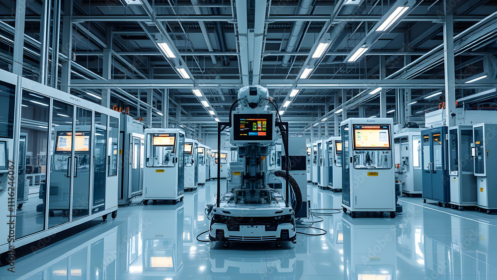 Fototapeta premium Robot-controlled smart factory floor with high-tech machinery, illuminated digital panels