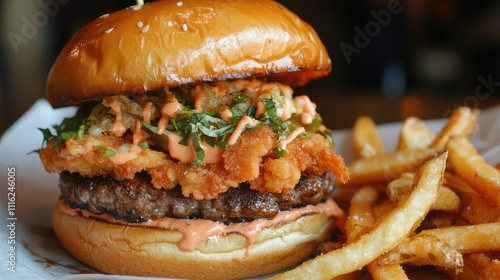 Wallpaper Mural A close-up of a juicy burger with layers of fresh ingredients and crispy fries on the side Torontodigital.ca