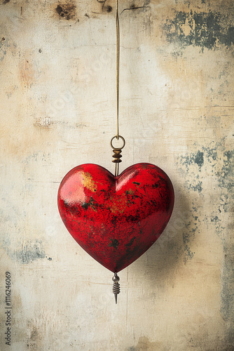A red heart hanging from a string on a piece of paper. 
