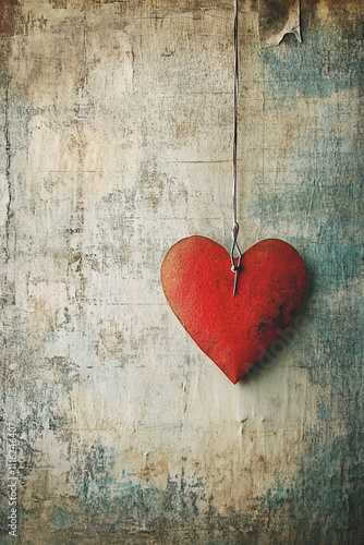 A red heart hanging from a string on a piece of paper. 
