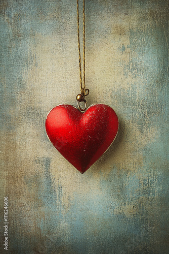 A red heart hanging from a string on a piece of paper. 
