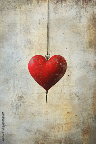 A red heart hanging from a string on a piece of paper. 
