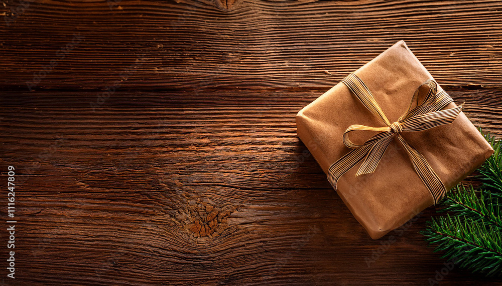 Fototapeta premium Brown Christmas gift box on rustic wooden table