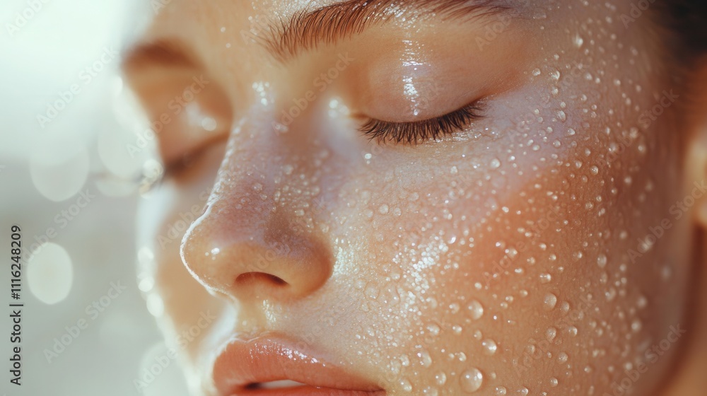 a close-up of dewy skin with water droplets glistening on a smooth, radiant surface. Soft, natural lighting. a close-up of dewy skin with water droplets glistening on a smooth, radiant surface. Soft, natural lighting.