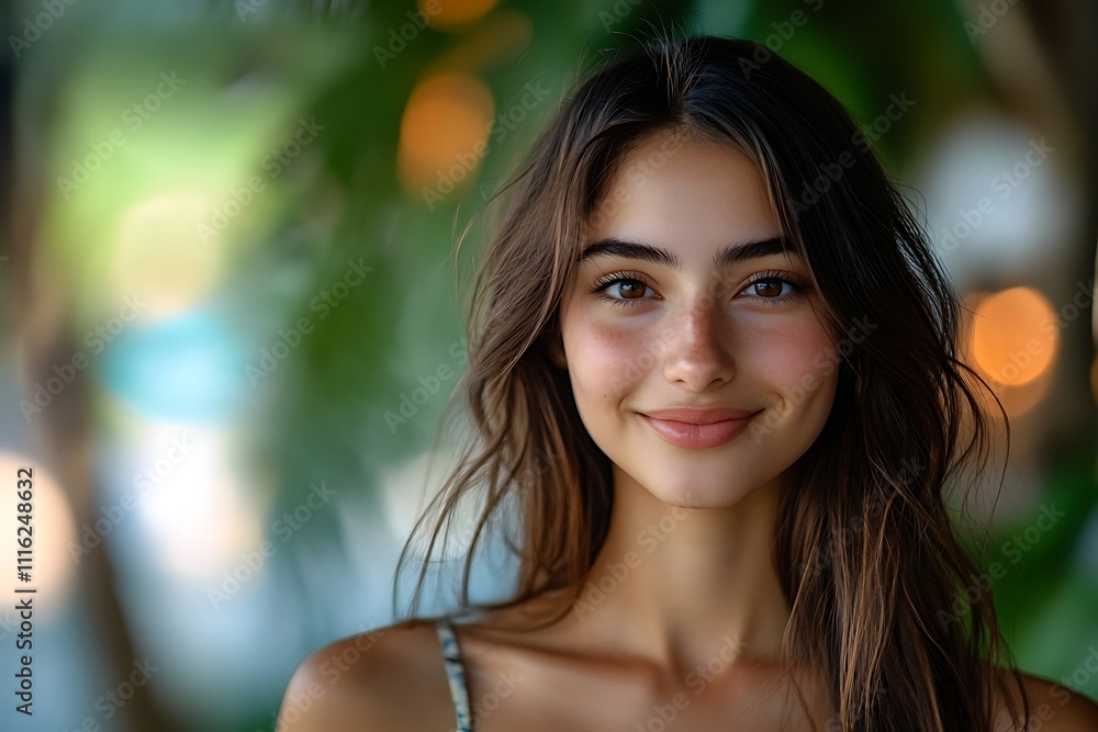 Model Portrait Wavy Hair, Brown Eyes, Tropical Background Model Portrait Wavy Hair, Brown Eyes, Tropical Background
