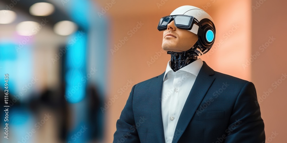 A robot with a human-like face and cybernetic body wears a formal suit and futuristic eyewear, looking upwards, embodying a blend of technology with corporate identity. A robot with a human-like face and cybernetic body wears a formal suit and futuristic eyewear, looking upwards, embodying a blend of technology with corporate identity.