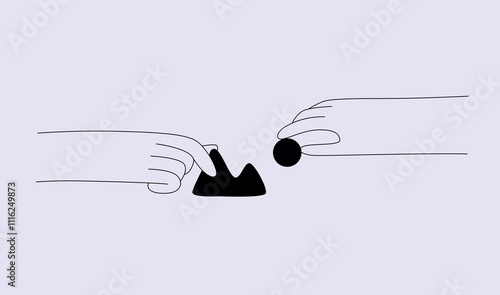 Hands interacting with abstract shapes. Concept of creativity, design process, and image construction. Minimal line art style. Ideal for creative professions and visual storytelling. Flat vector illus