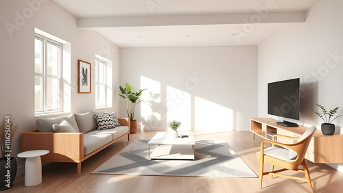 Wallpaper Mural : Sleek modern living room with light wood furniture, white walls, and a geometric rug  Torontodigital.ca