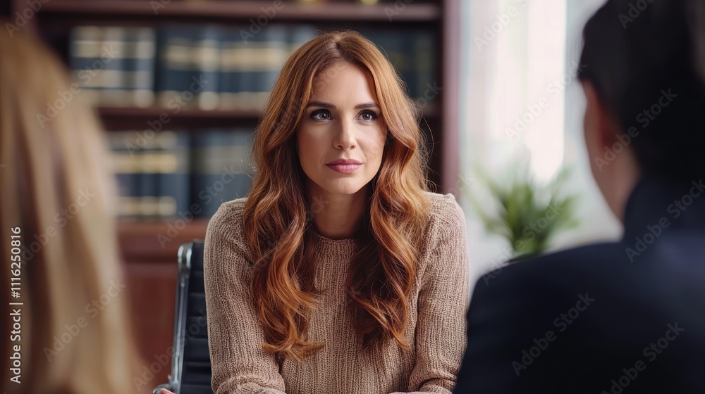 Fototapeta premium An elegant female advocate participating in a negotiation or mediation session, sitting across from clients with a calm and reassuring demeanor