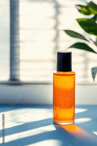 A shiny bottle, filled with a bright orange liquid, is placed beside a window capturing the sun's rays, with a plant casting intricate shadows in the background. photo