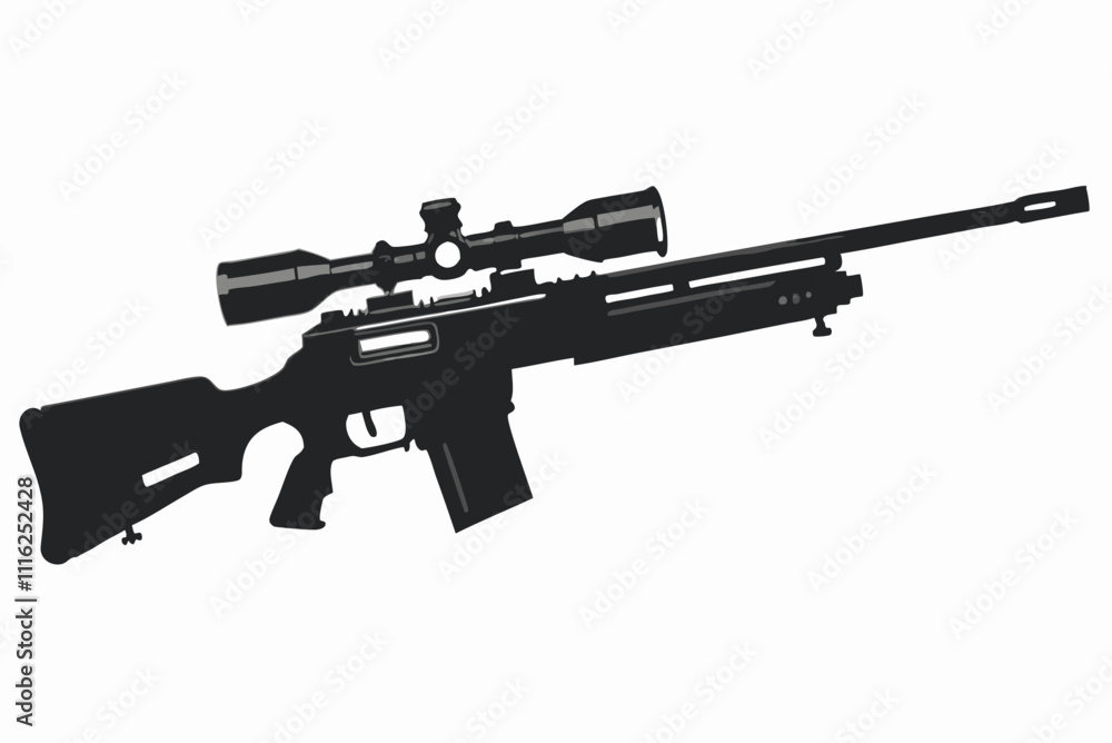 Silhouette Design of a Sniper Rifle Gun with Tactical Scope and Long Barrel in a Minimalist Style Silhouette Design of a Sniper Rifle Gun with Tactical Scope and Long Barrel in a Minimalist Style