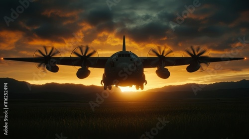 Lockheed C-130 Hercules Military Transport Aircraft Landing at Sunset