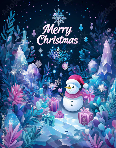 Christmas Card Cover Design with Cute Snowman and Santa Claus Playing with Gifts in the Forest at Night, 'Merry Christmas' Title in Bright Colors on Dark Blue Background, 2D Flat Illustration
