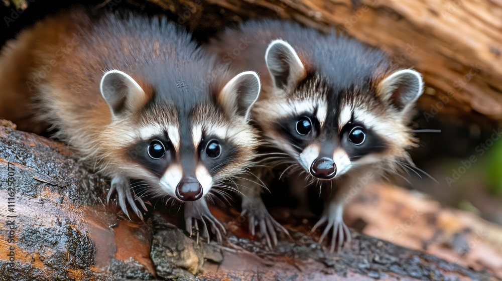 Obraz premium Two Adorable Baby Raccoons on a Log