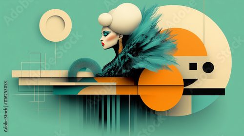 A bold and vibrant abstract artwork featuring a dancer with a feathered outfit, stylized makeup, and geometric shapes in teal, orange, and beige, creating a striking modern composition. photo