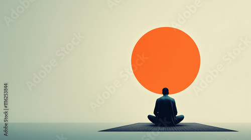 A minimalist illustration of a man meditating on a mat, facing a vibrant orange sun, symbolizing mindfulness, peace, and balance in a serene and artistic composition. photo