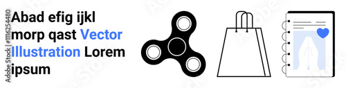 Spinner, shopping bag outline, notebook with heart. Ideal for e-commerce, retail, modern lifestyle, stationery, children s toys shopping experiences digital content. Landing page