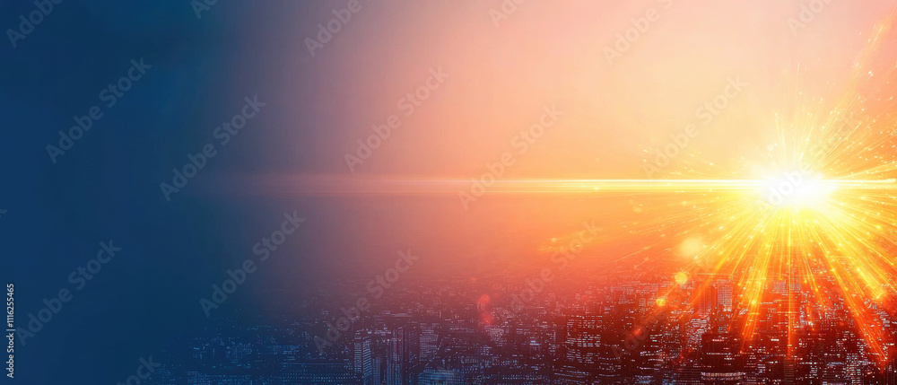 Obraz premium A vibrant sunrise casts golden rays over a city skyline, blending warm colors with the cool hues of dawn, symbolizing new beginnings and opportunities.