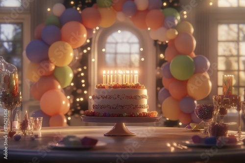 Wallpaper Mural Celebratory Birthday Party Scene Featuring Colorful Cake Surrounded by Festive Balloons and Warm Candlelight in an Elegant Setting Torontodigital.ca