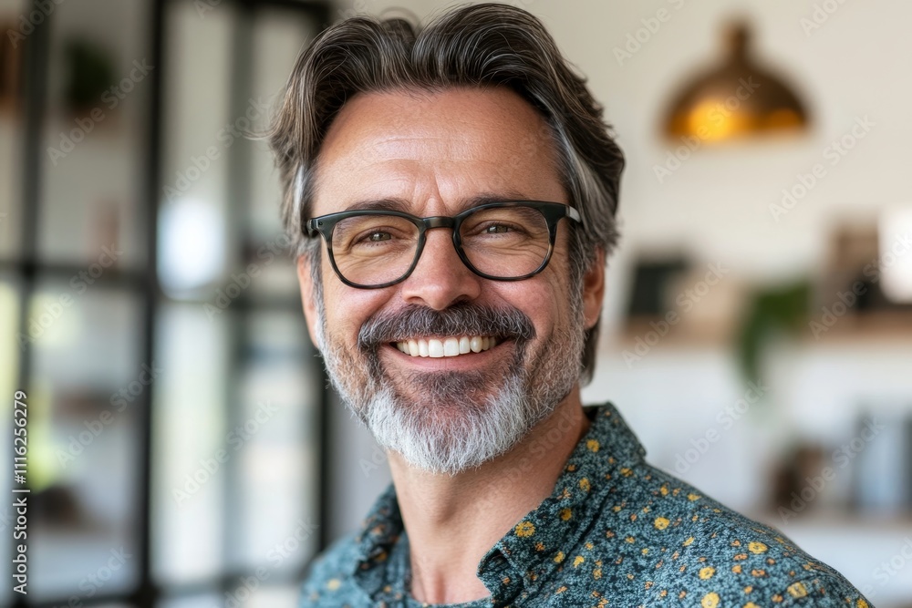 Fototapeta premium Cheerful middle-aged man with glasses and a beard smiling broadly in a cozy modern interior, showcasing happiness and confidence in a warm atmosphere