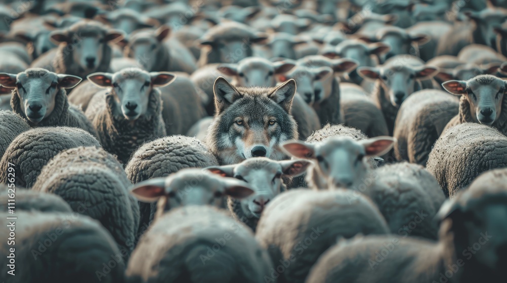 Obraz premium Cunning wolf in sheep s clothing among flock, symbolizing deception and hidden intentions