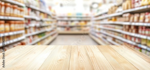 A wooden table top with a uniquely blurred supermarket aisle background.  photo