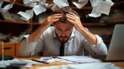 An office worker clutches his head amidst a storm of flying documents, expressing the intense stress and hectic pace often associated with professional life today. photo