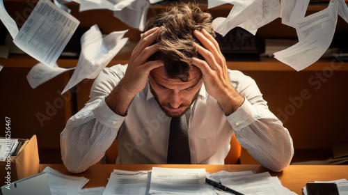 A man sits at a desk surrounded by flying papers, showing the frustration and stress of an overwhelmed office worker coping with a deluge of administrative tasks. photo