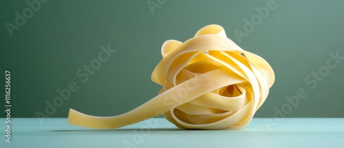 Coiled fettuccine pasta set against a soft green backdrop, combines simplicity with culinary elegance, inviting thoughts of gourmet possibilities. photo