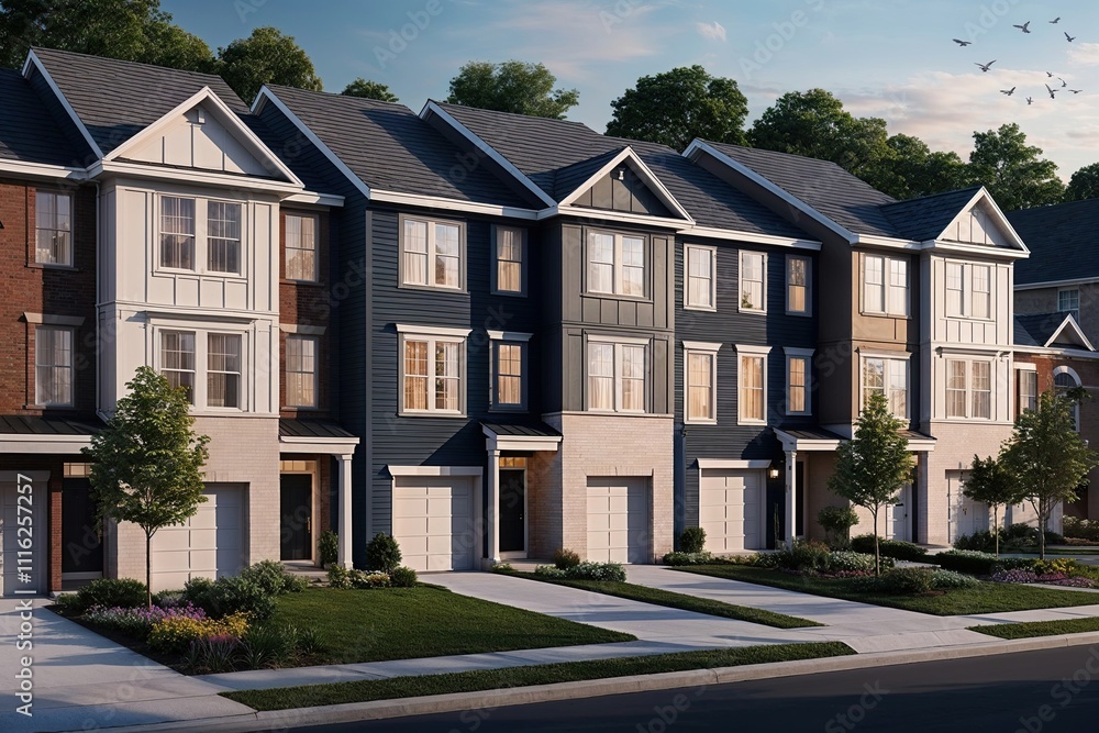 Obraz premium Modern Townhouse Neighborhood Visualization in Suburban Landscape