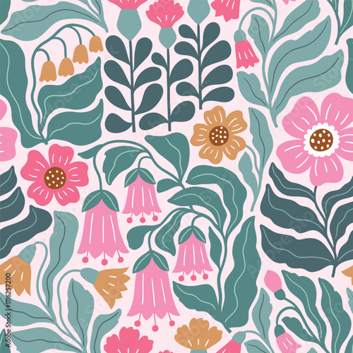 Seamless vector pattern with boho flowers. Hand drawn retro groovy floral background. Perfect for textile, wallpaper or nursery print design. EPS10 vector file.