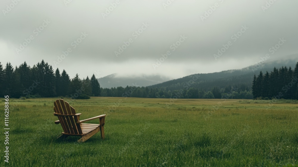 Minimalist Wooden Chair in Grassy Field Landscape Minimalist Wooden Chair in Grassy Field Landscape