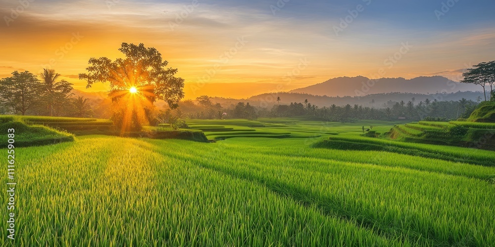 Obraz premium Charming sunrise over lush rice fields creates a serene landscape, showcasing the beauty of rice fields bathed in warm morning light. Immerse yourself in this enchanting rice fields scenery.