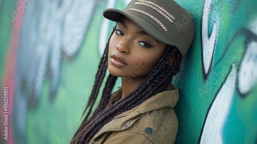 Casual Streetwear Model Leaning Against Graffiti Wall photo