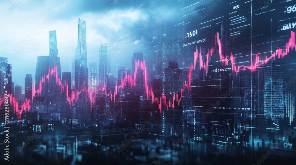 Naklejka premium Economic crisis concept shown by declining graphs and digital indicators overlap modernistic city background. Double exposure.