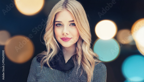 Pretty woman looking at camera with blurred lights background