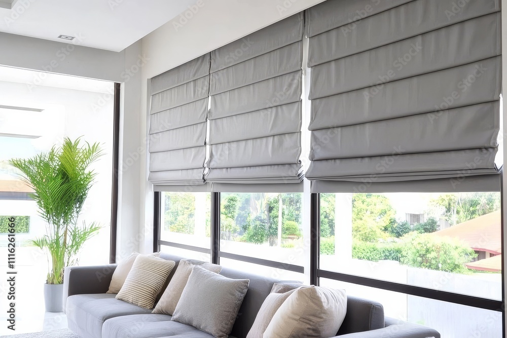 Fototapeta premium Create a cozy atmosphere with beautifully designed Roman curtains.