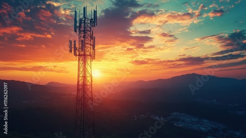 A tall tower with a large antenna is lit up in the evening sky