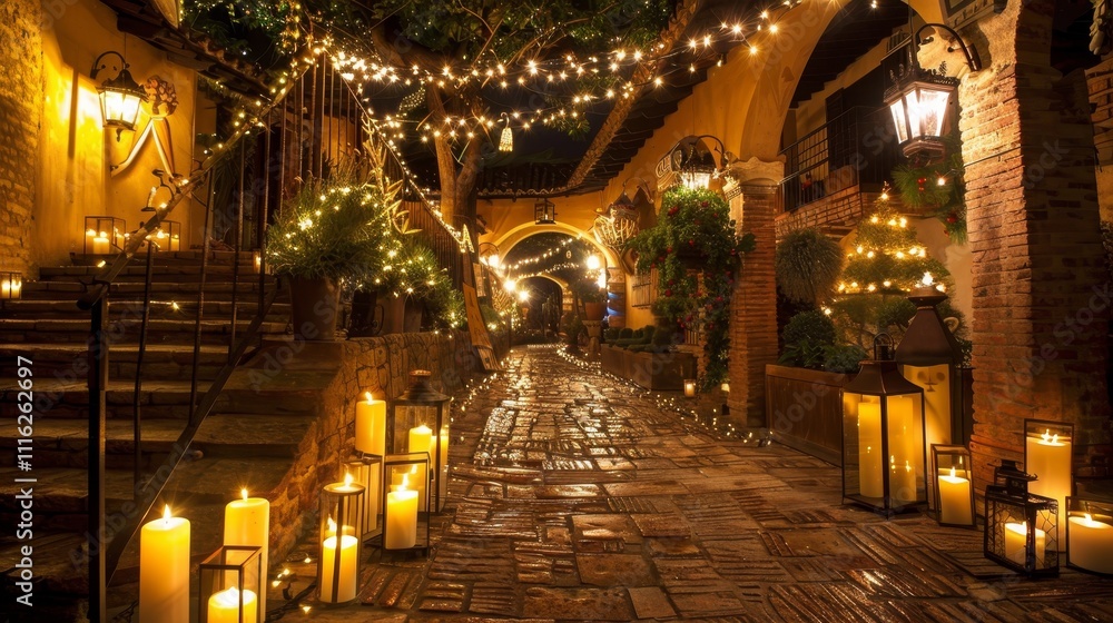 Obraz premium Elegant classic home entrance featuring antique staircase and festive christmas decorations