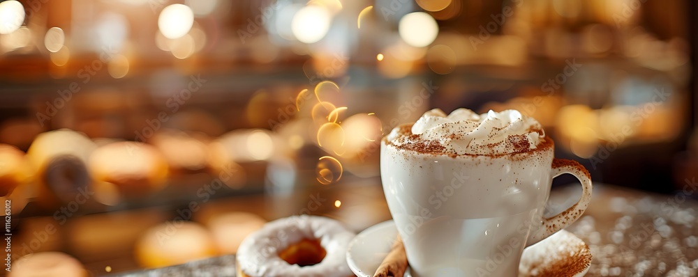 Creamy cappuccino with cinnamon dust, blurred donuts in the background, warm bokeh effect in a coffee shop, perfect for inviting text or branding. Creamy cappuccino with cinnamon dust, blurred donuts in the background, warm bokeh effect in a coffee shop, perfect for inviting text or branding.