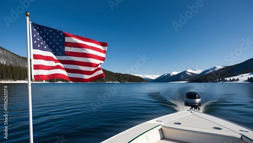 Boat Flag in San, American flag on the back of a boat on Lake