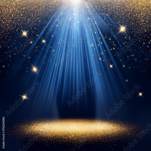 Dark blue stage with golden spotlight lines and glitter texture for award ceremony design