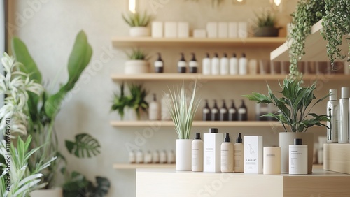Cosmetics and skin care shampoos on the counter in a trendy retail store with a simple design, open layout, modern shelving. And decorative plants make it feel fresh and inviting.