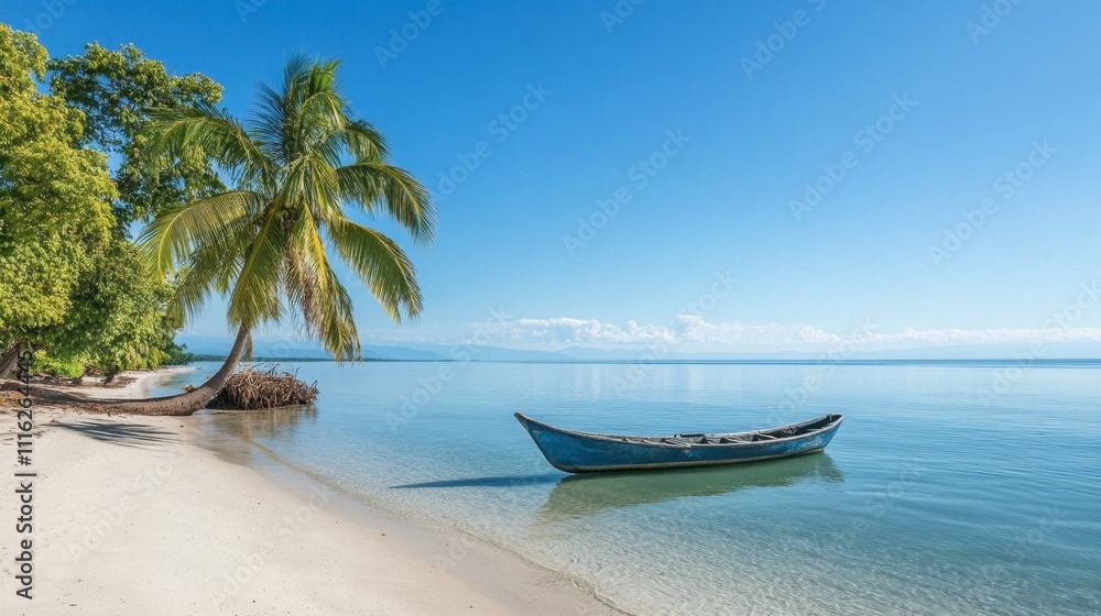 Serene Tropical Island with Calm Waters and Canoe Serene Tropical Island with Calm Waters and Canoe