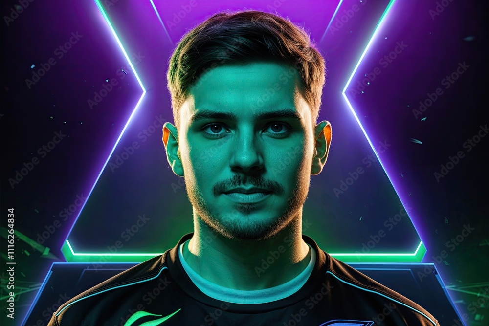 Obraz premium Portrait of an elite eSports champion illuminated in green and purple hues, showcasing triumph and play.