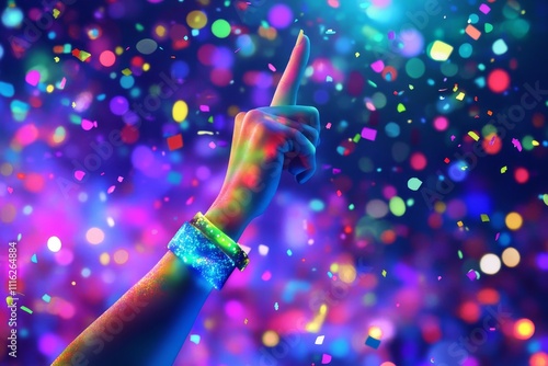 Colorful Celebration with Hand Pointing Upward Surrounded by Vibrant Confetti and Glitter in a Fun Party Atmosphere Filled with Energy and Joy