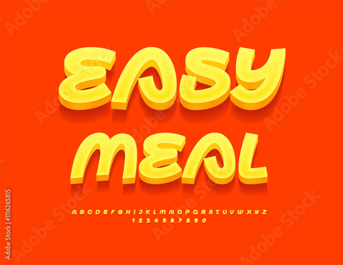 Vector bright badge Easy Meal. 3D artistic Font. Yellow creative Alphabet Letters and Numbers set